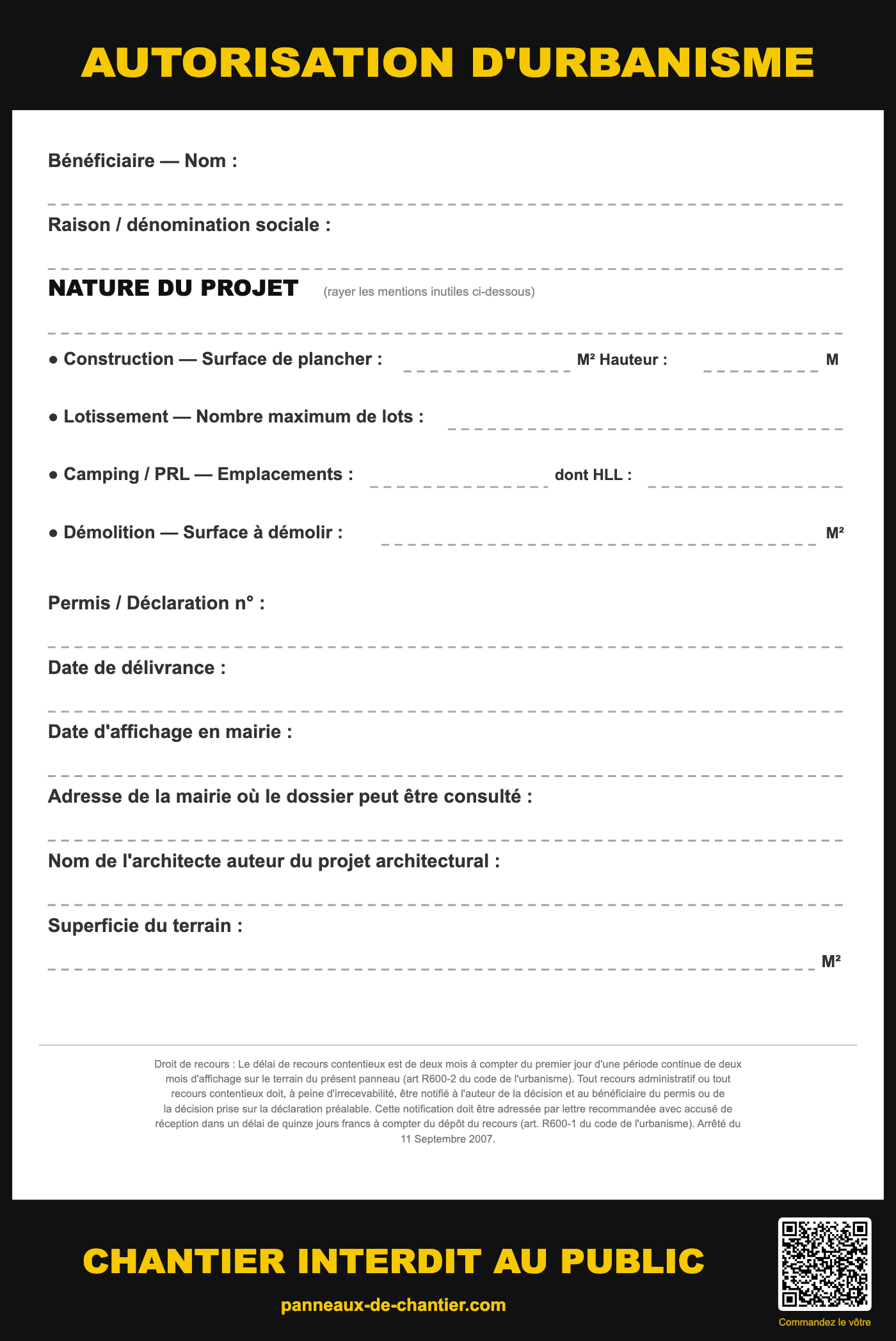 Panneau permis de construire à compléter — 80×120 cm