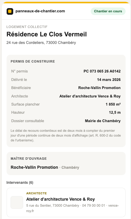 Vue publique du chantier connecté — permis et intervenants à jour